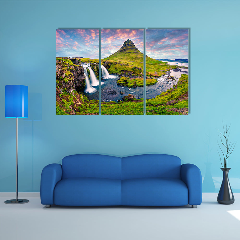 Summer sunset on famous Kirkjufellsfoss Waterfall and Kirkjufell Mountain multi panel canvas wall art
