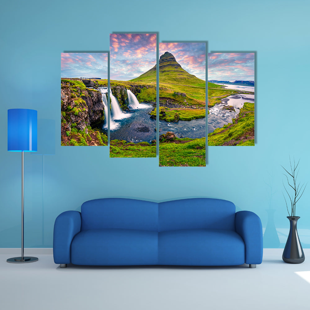 Summer sunset on famous Kirkjufellsfoss Waterfall and Kirkjufell Mountain multi panel canvas wall art