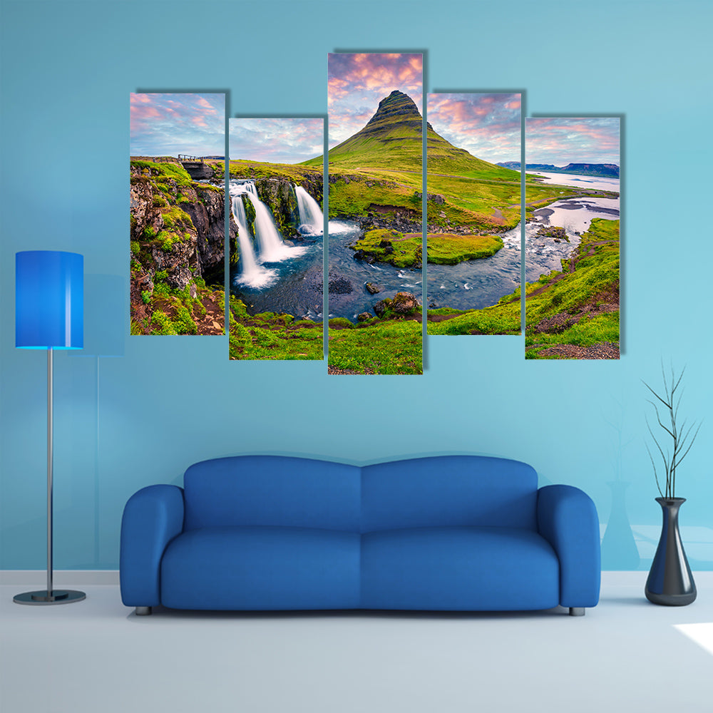 Summer sunset on famous Kirkjufellsfoss Waterfall and Kirkjufell Mountain multi panel canvas wall art