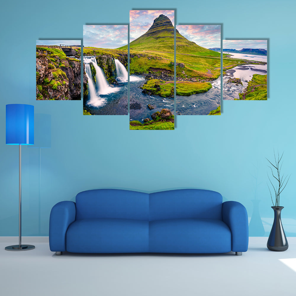 Summer sunset on famous Kirkjufellsfoss Waterfall and Kirkjufell Mountain multi panel canvas wall art