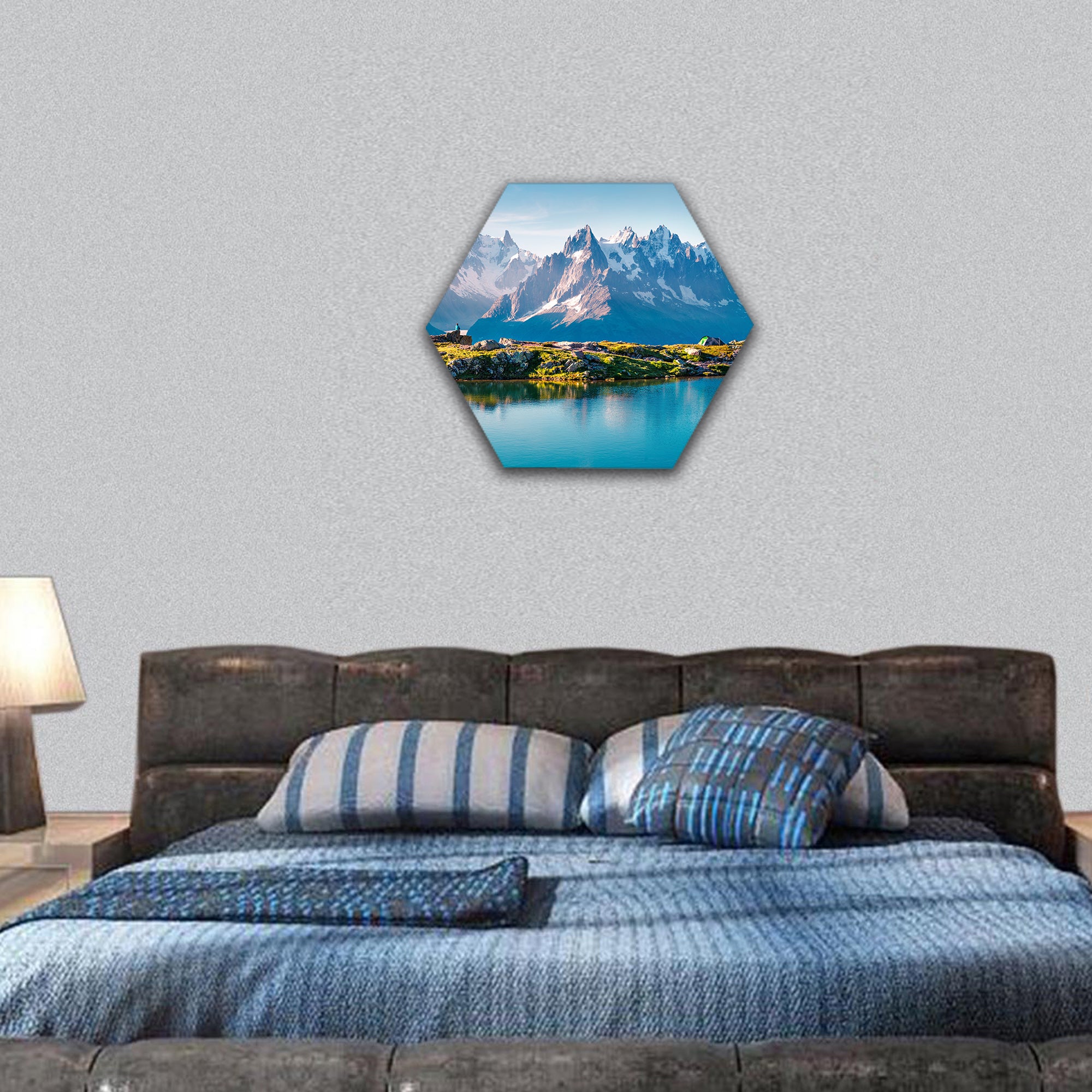 Mountain on the shore of Blanc lake, Europe hexagonal canvas wall art