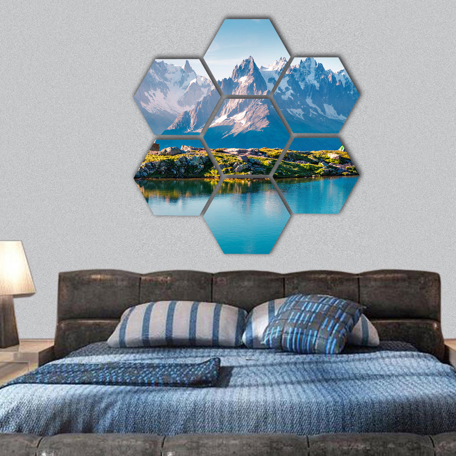 Mountain on the shore of Blanc lake, Europe hexagonal canvas wall art