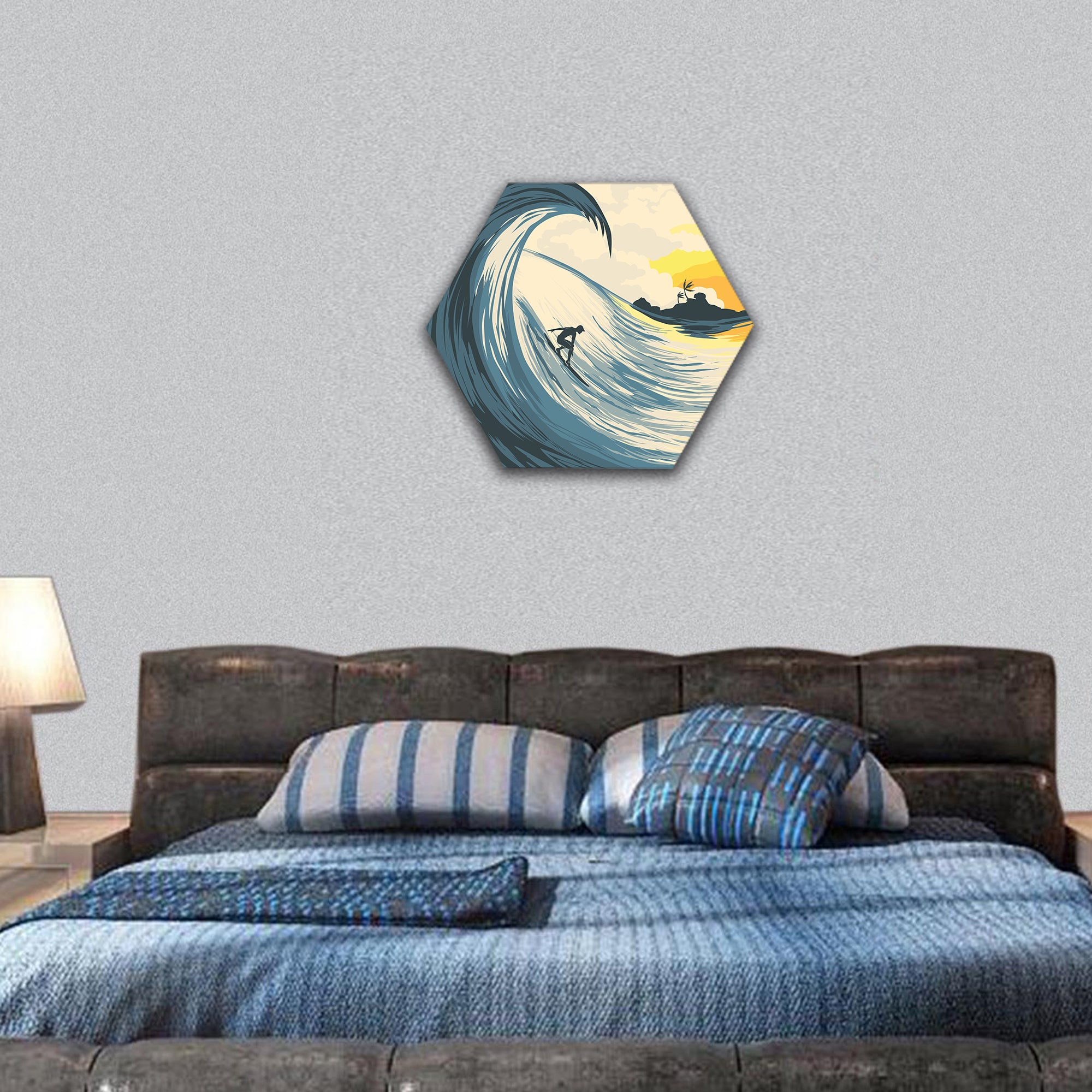 Tropical island wave and surfer at sunset hexagonal canvas wall art