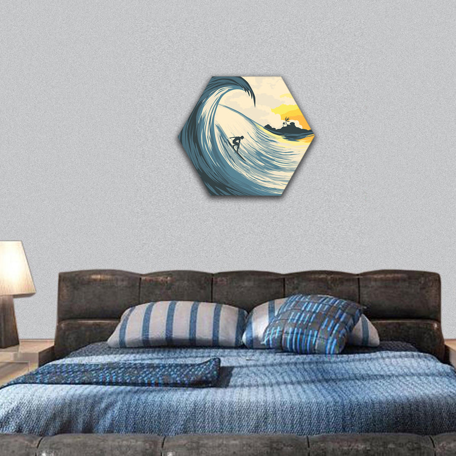 Tropical island wave and surfer at sunset hexagonal canvas wall art