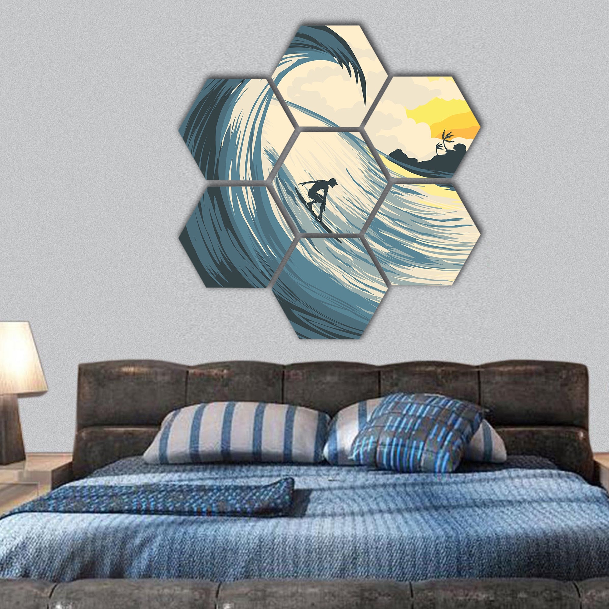 Tropical island wave and surfer at sunset hexagonal canvas wall art