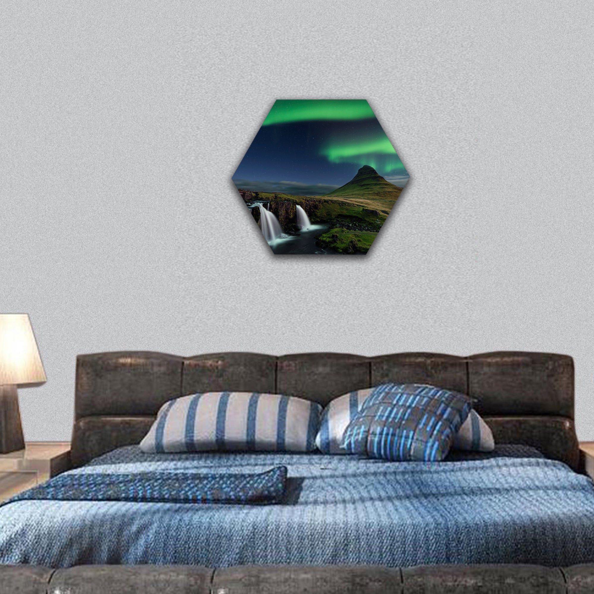 The Northern Light at the mountain Kirkjufell Iceland hexagonal canvas wall art