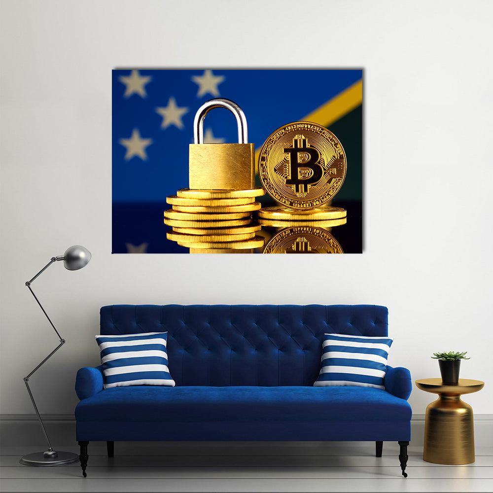 Physical version of Bitcoin, golden padlock and Solomon Islands Flag multi panel canvas wall art