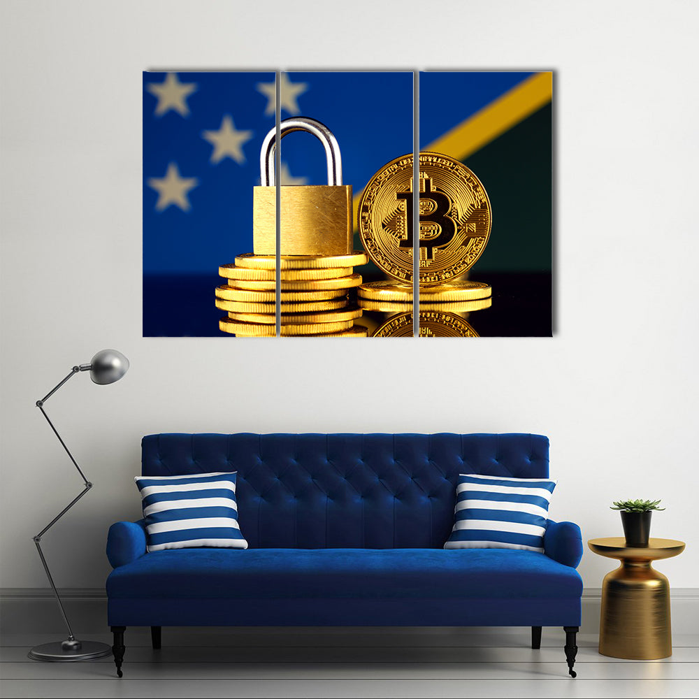 Physical version of Bitcoin, golden padlock and Solomon Islands Flag multi panel canvas wall art