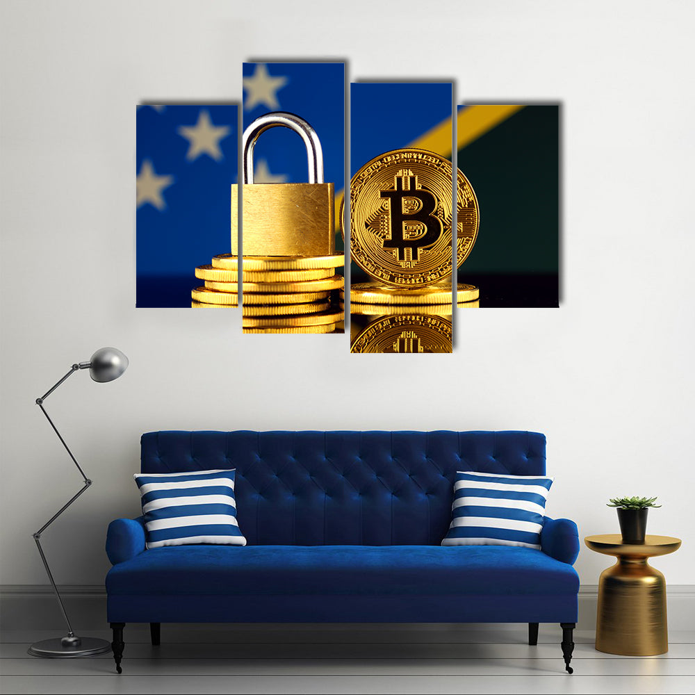 Physical version of Bitcoin, golden padlock and Solomon Islands Flag multi panel canvas wall art