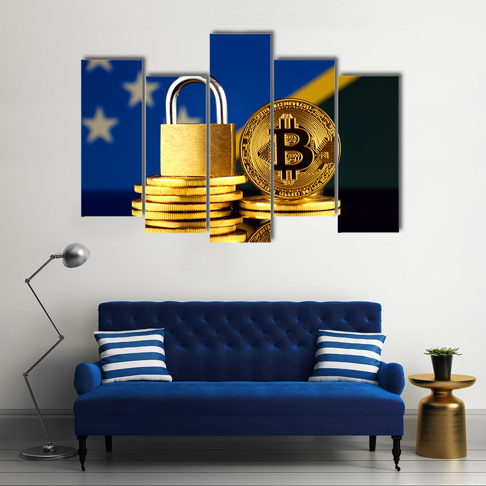 Physical version of Bitcoin, golden padlock and Solomon Islands Flag multi panel canvas wall art