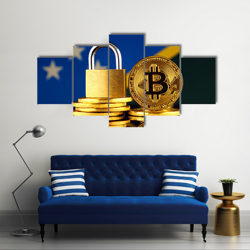 Physical version of Bitcoin, golden padlock and Solomon Islands Flag multi panel canvas wall art