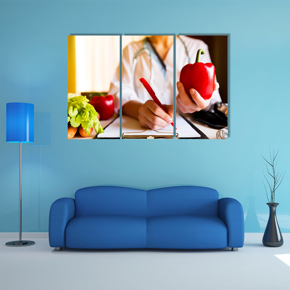 Vegetable diet nutrition and medication concept, Nutritionist offers healthy vegetables diet, Multi panel canvas wall art