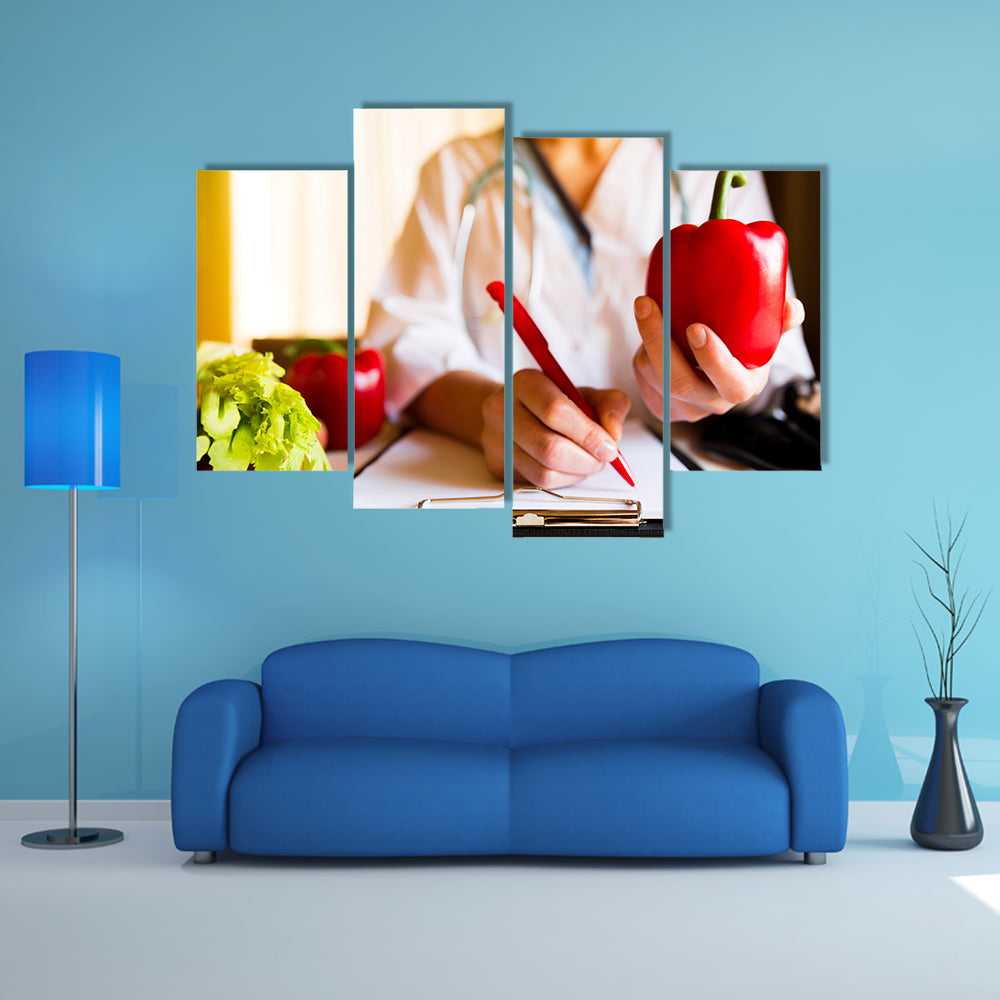 Vegetable diet nutrition and medication concept, Nutritionist offers healthy vegetables diet, Multi panel canvas wall art