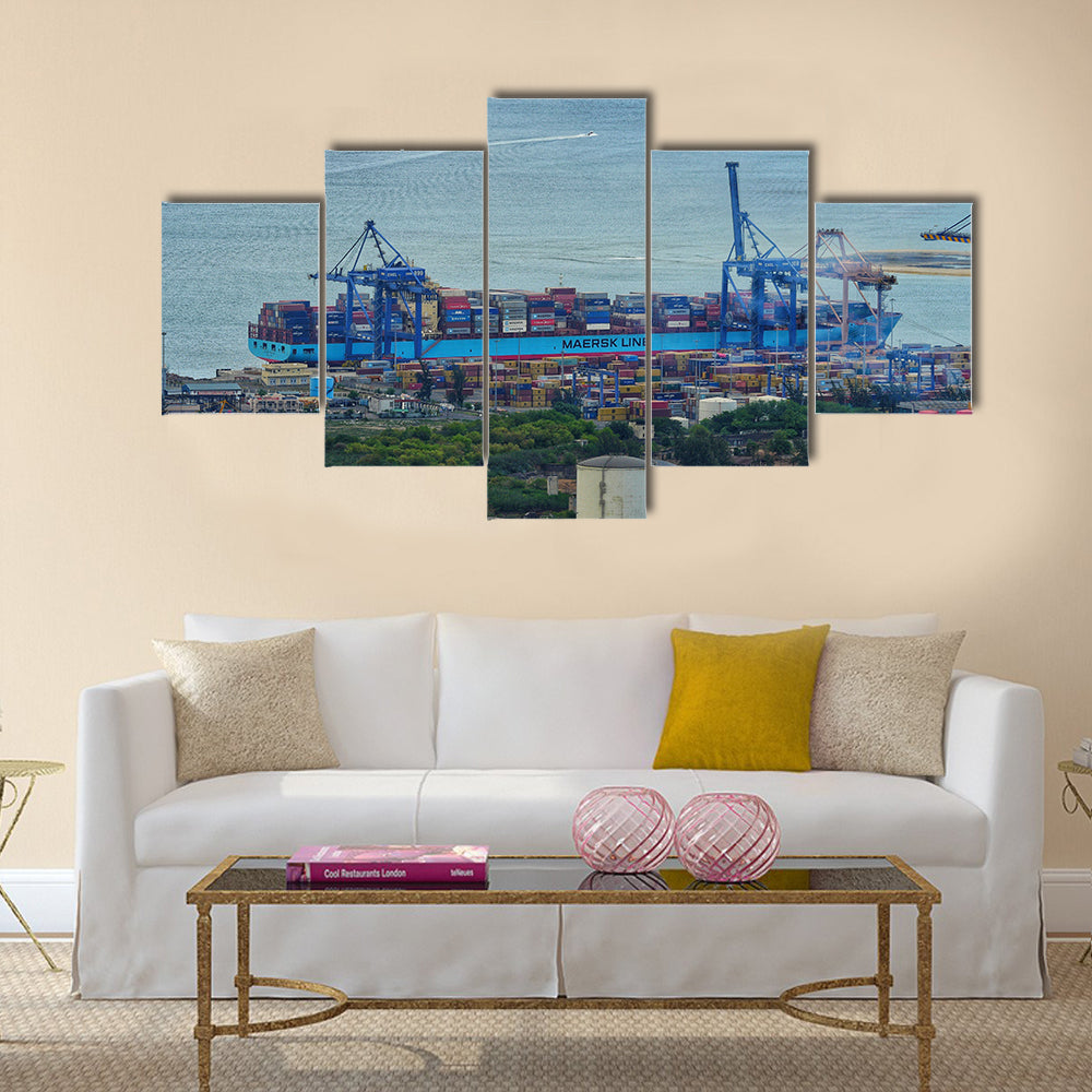 Cargo ship at container handling gantry crane Multi panel canvas wall art