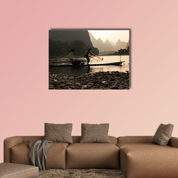 China - East Asia, Guilin, Asia, Fishing, Senior Adult multi panel canvas wall art
