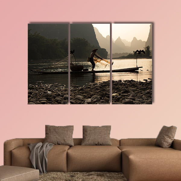China - East Asia, Guilin, Asia, Fishing, Senior Adult multi panel canvas wall art