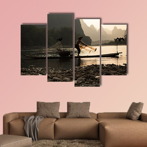 China - East Asia, Guilin, Asia, Fishing, Senior Adult multi panel canvas wall art
