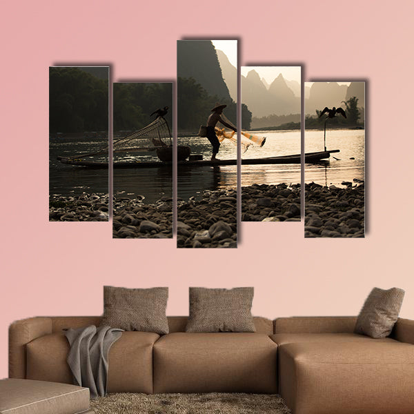 China - East Asia, Guilin, Asia, Fishing, Senior Adult multi panel canvas wall art