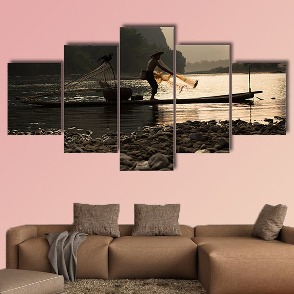 China - East Asia, Guilin, Asia, Fishing, Senior Adult multi panel canvas wall art