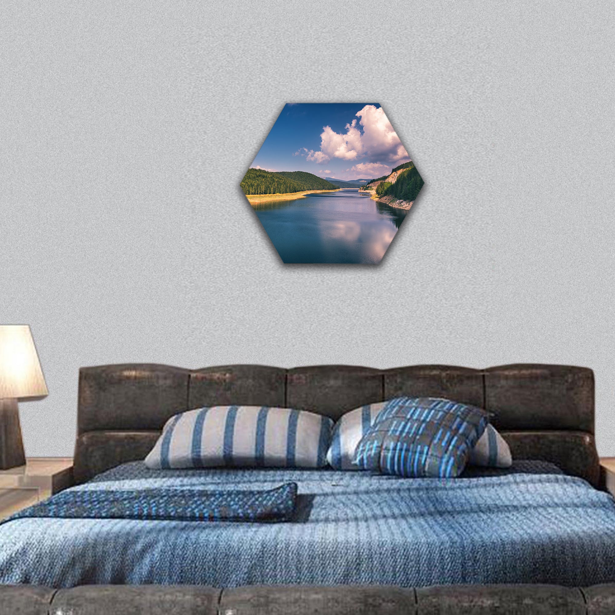 Landscape with lake Oasa in Carpathians hexagonal canvas wall art