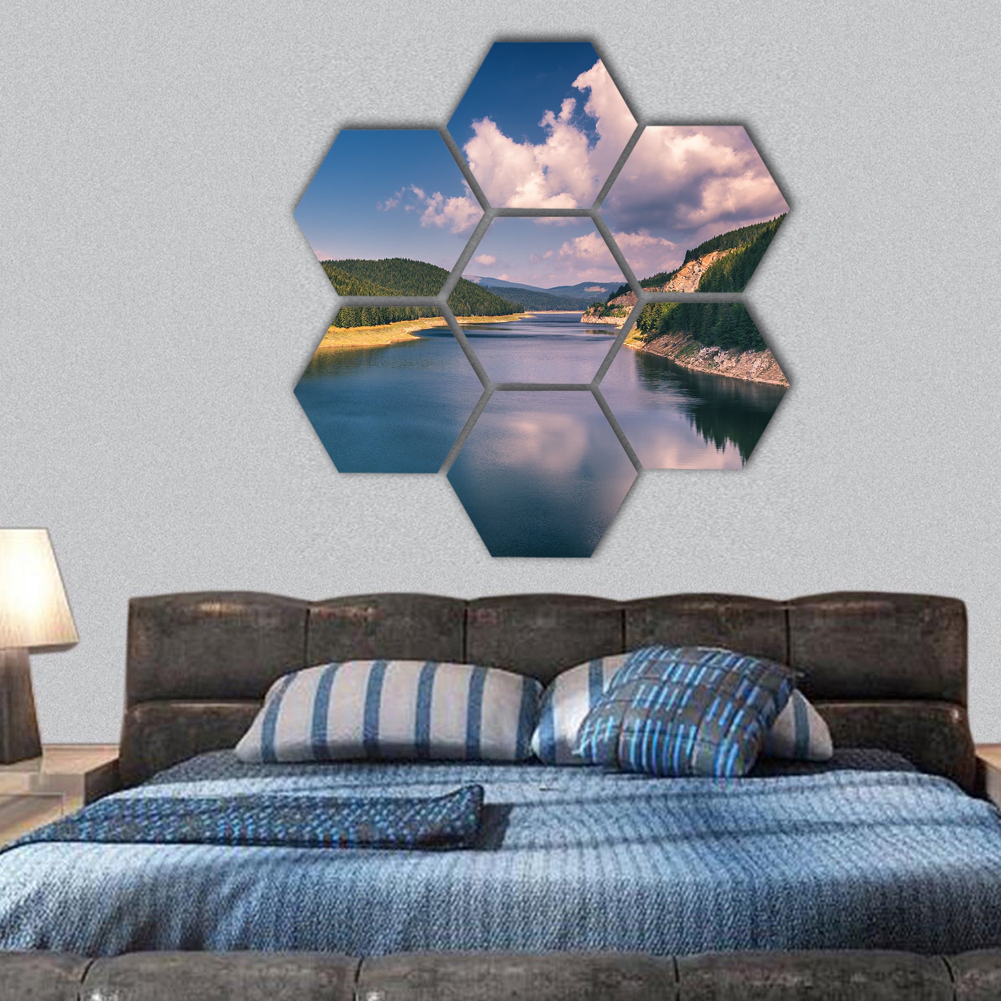 Landscape with lake Oasa in Carpathians hexagonal canvas wall art