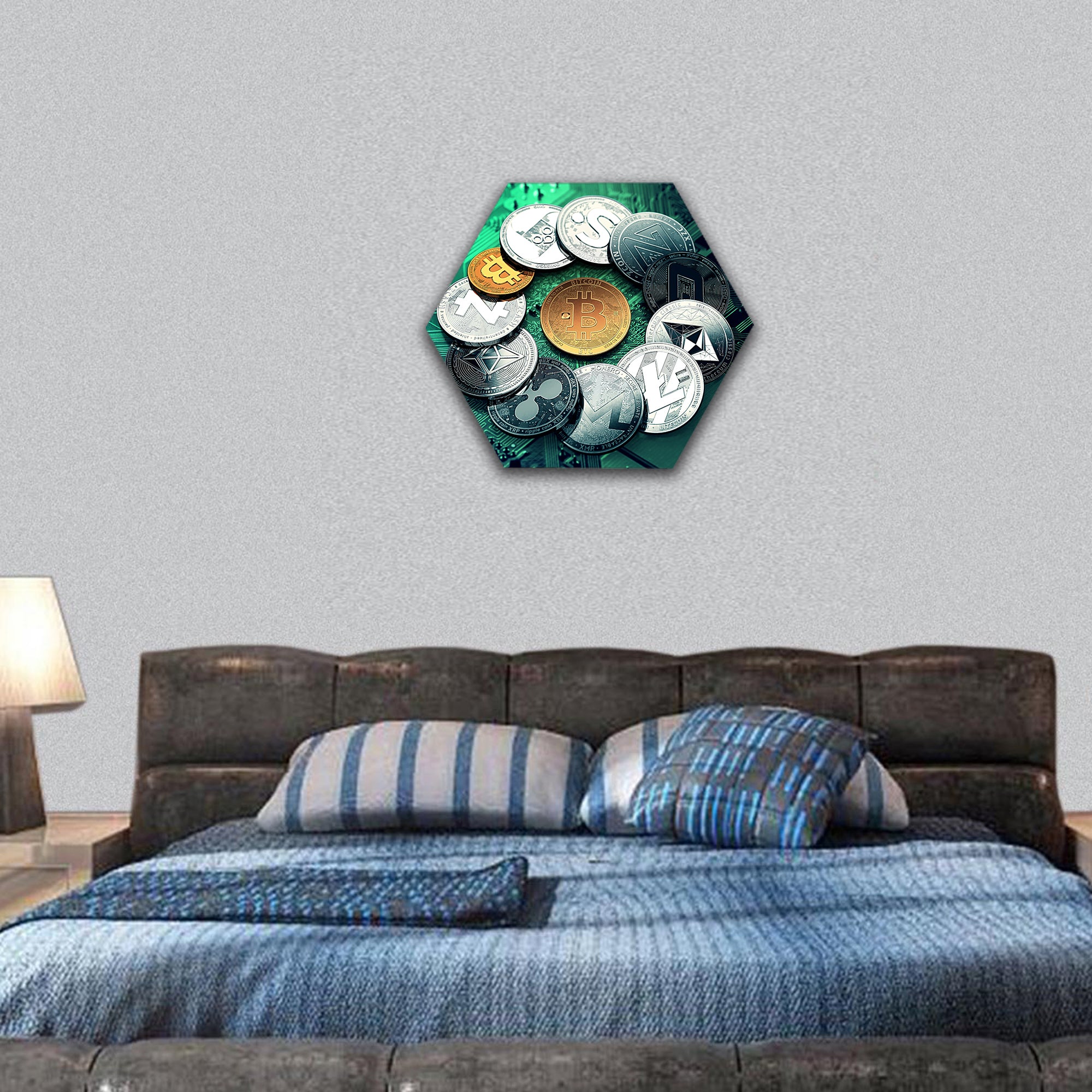 cryptocurrencies with a golden bitcoin in the middle hexagonal canvas wall art