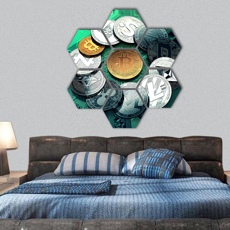 cryptocurrencies with a golden bitcoin in the middle hexagonal canvas wall art