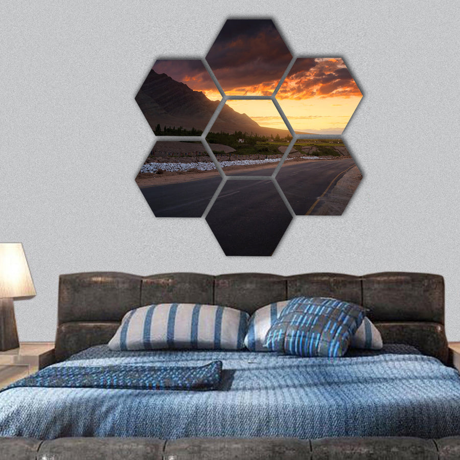 Road in Ladakh at sunset hexagonal canvas wall art