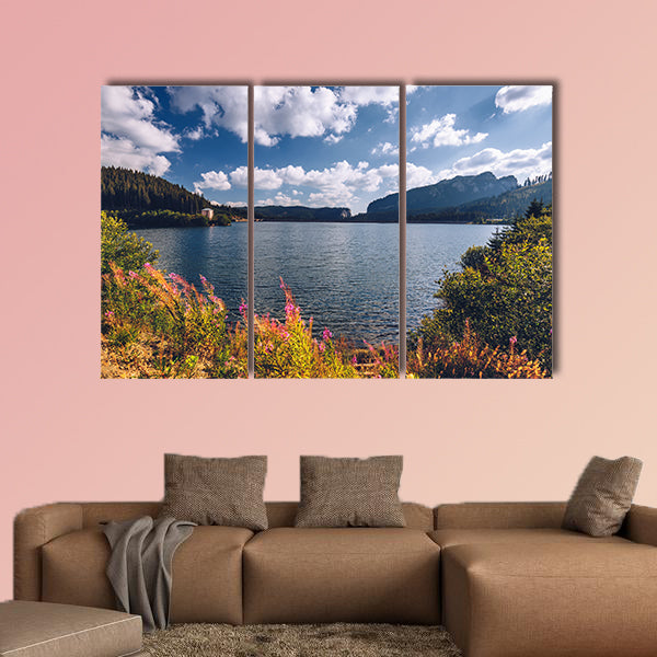 View to Bolboci Lake and the damb with Carpathian Mountains wall art