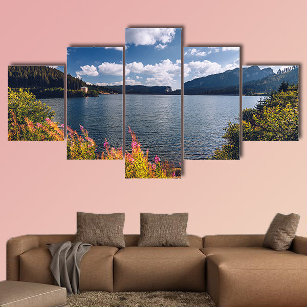 View to Bolboci Lake and the damb with Carpathian Mountains wall art