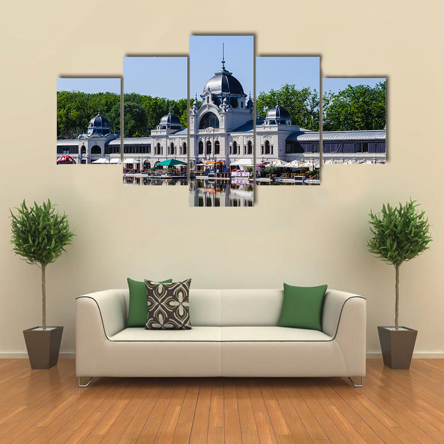 Building in Budapest with its Reflection in the water Multi Panel Canvas Wall Art