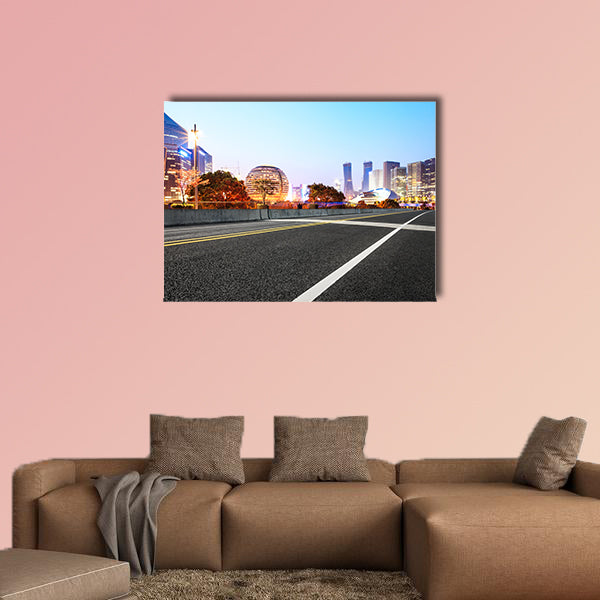 Asphalt highway and modern city buildings multi panel canvas wall art