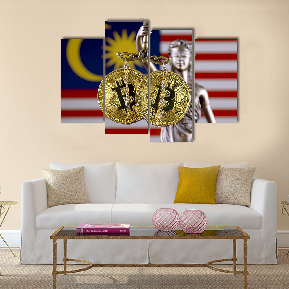 physical version of Bitcoin and Malaysia Flag multi panel canvas wall art