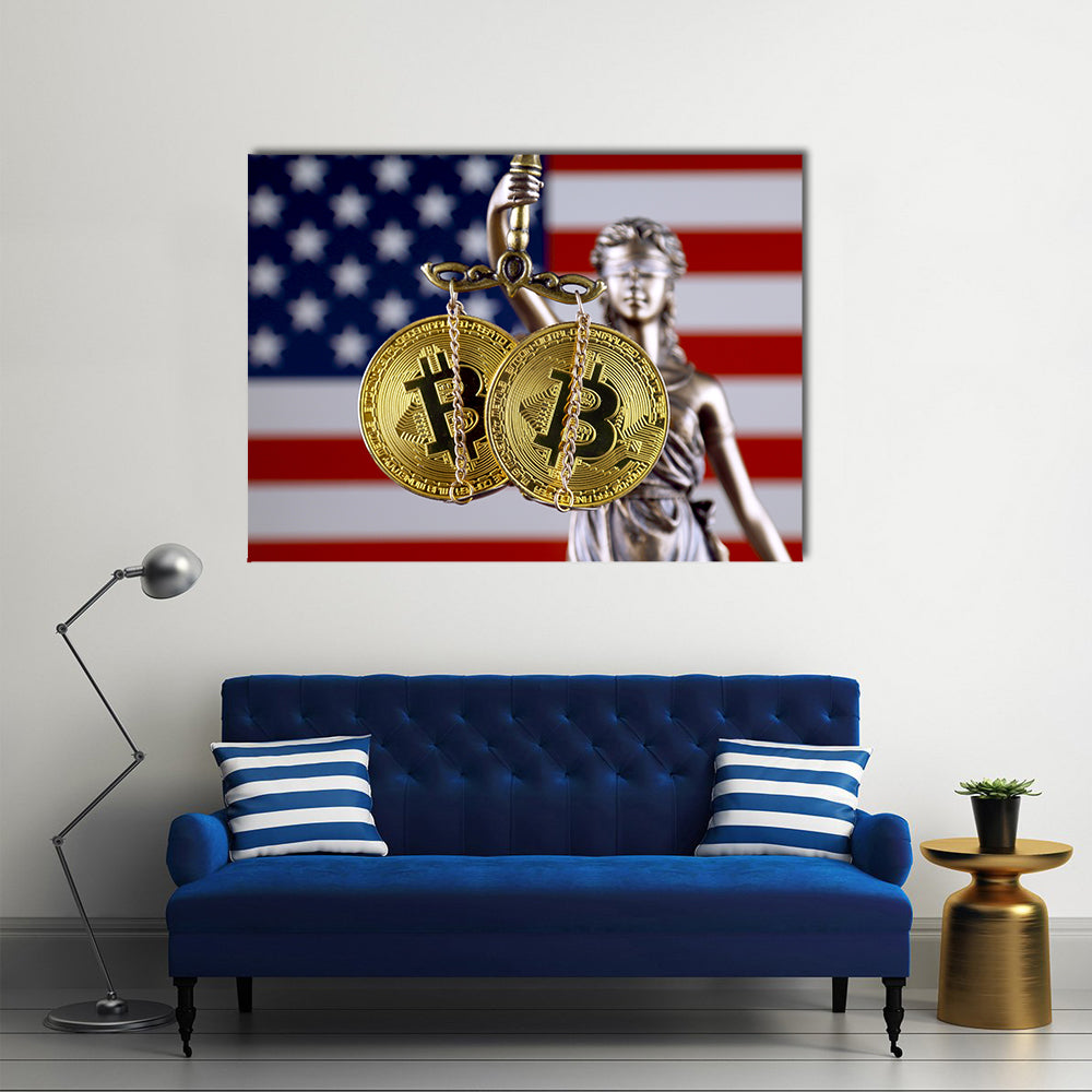 Symbol of law and justice, physical version of Bitcoin and United States Flag multi panel canvas wall art