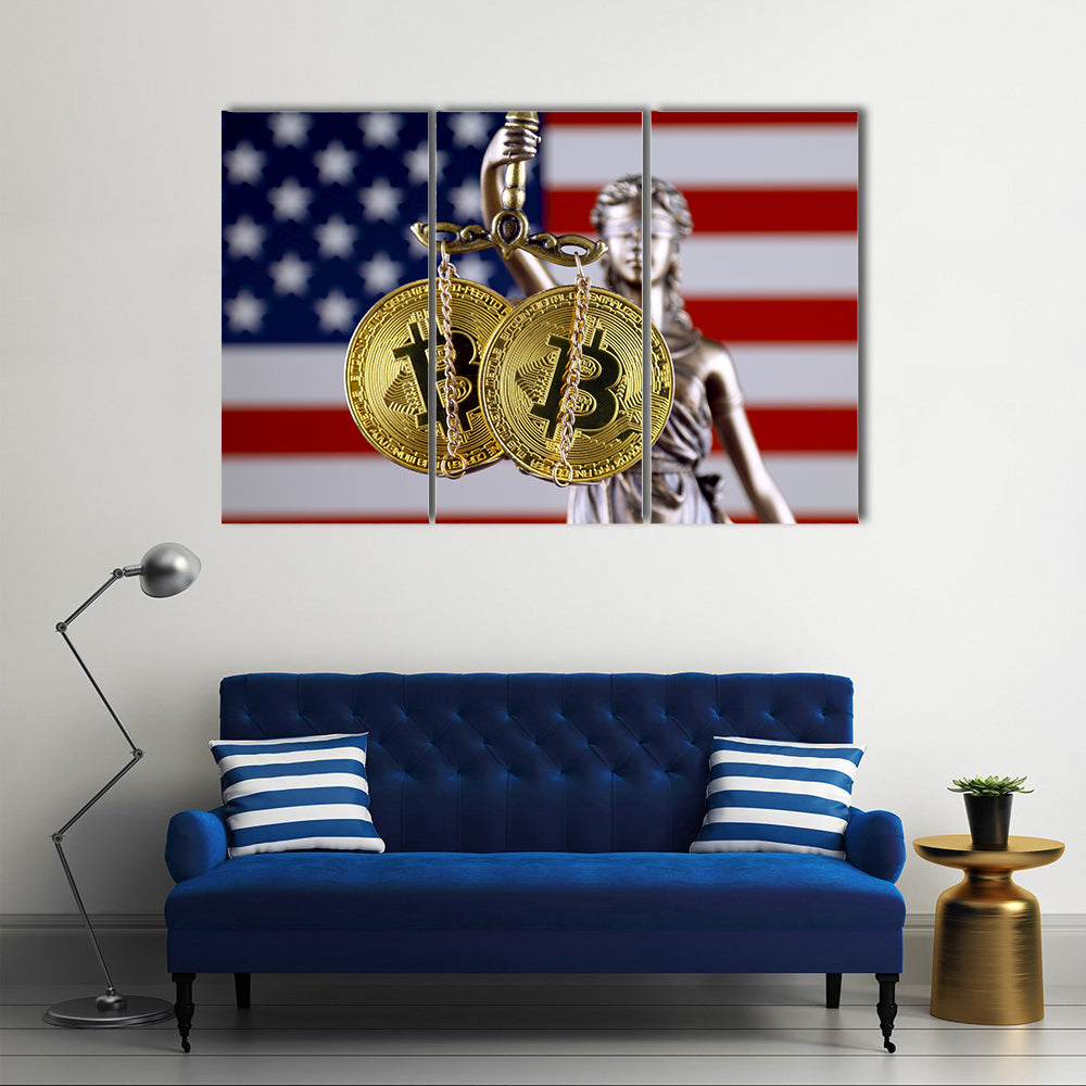 Symbol of law and justice, physical version of Bitcoin and United States Flag multi panel canvas wall art