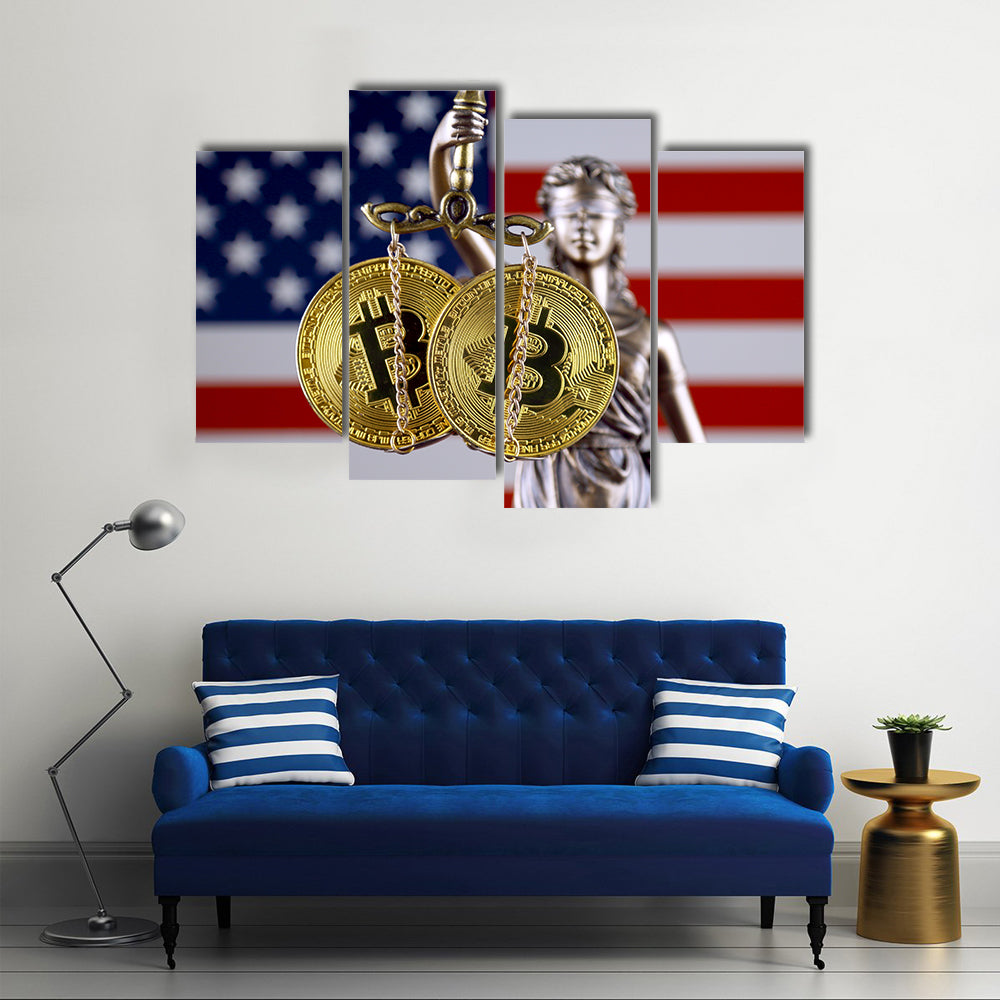 Symbol of law and justice, physical version of Bitcoin and United States Flag multi panel canvas wall art