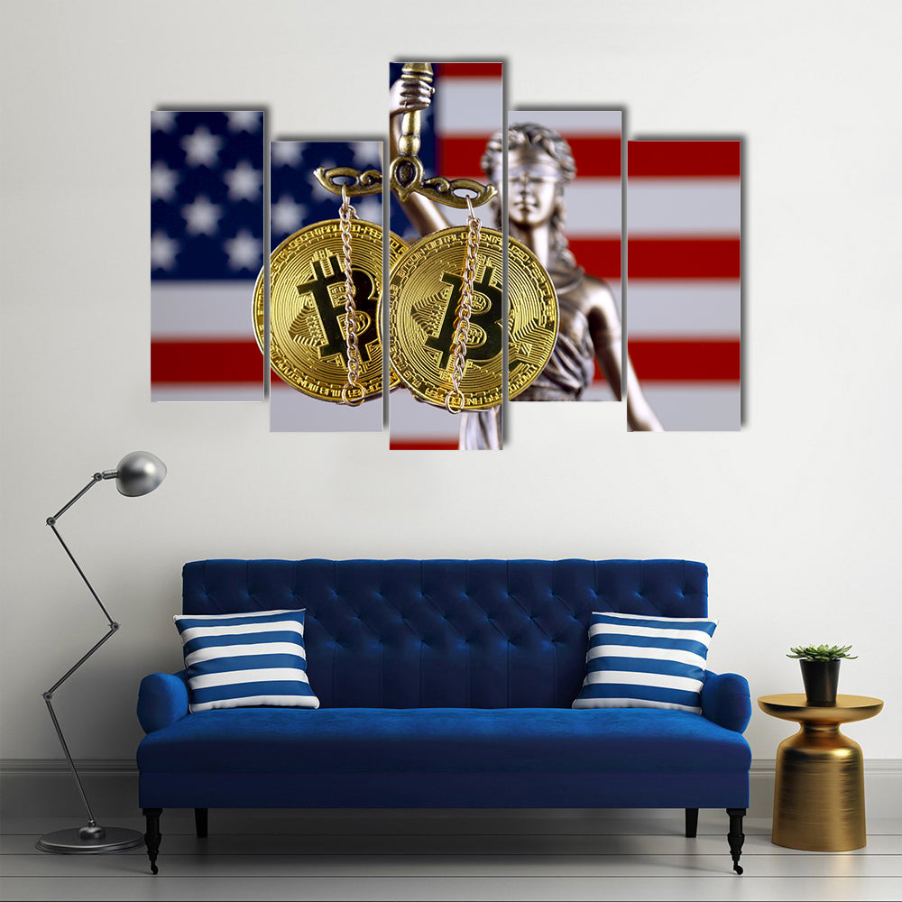 Symbol of law and justice, physical version of Bitcoin and United States Flag multi panel canvas wall art