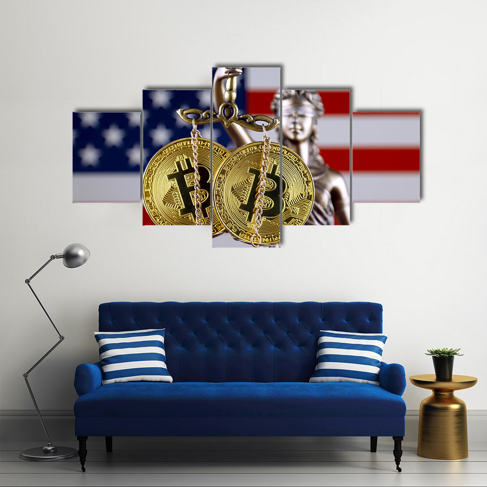 Symbol of law and justice, physical version of Bitcoin and United States Flag multi panel canvas wall art