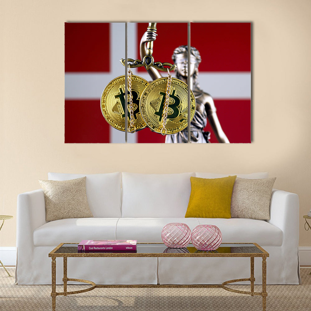 physical version of Bitcoin and Denmark Flag multi panel canvas wall art
