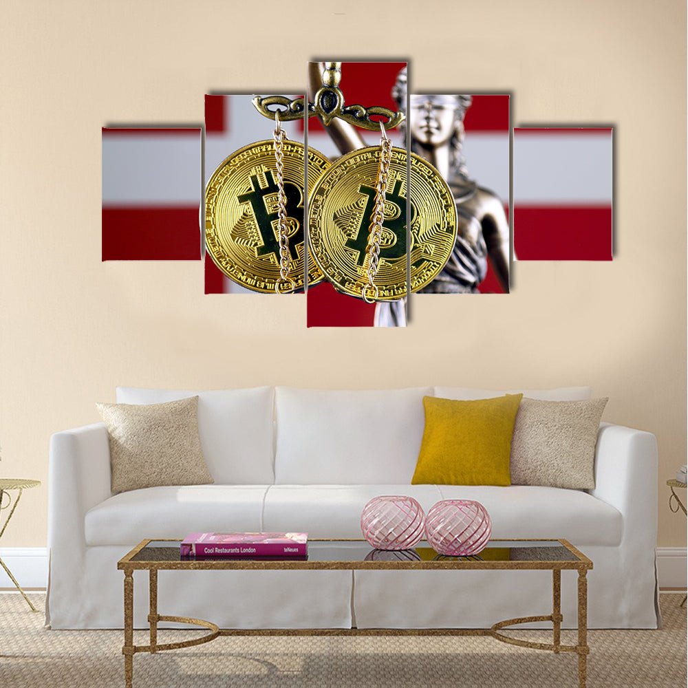 physical version of Bitcoin and Denmark Flag multi panel canvas wall art