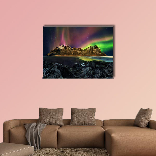 Vestrahorn Stockknes mountain range with aurora borealis wall art