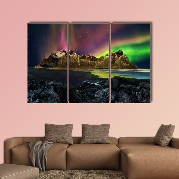 Vestrahorn Stockknes mountain range with aurora borealis wall art
