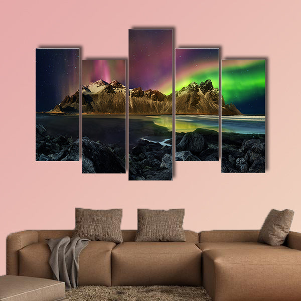 Vestrahorn Stockknes mountain range with aurora borealis wall art