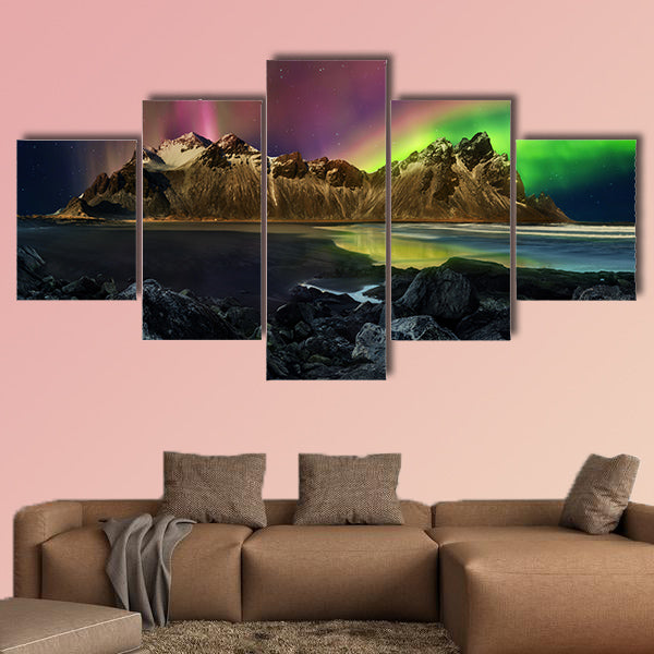 Vestrahorn Stockknes mountain range with aurora borealis wall art
