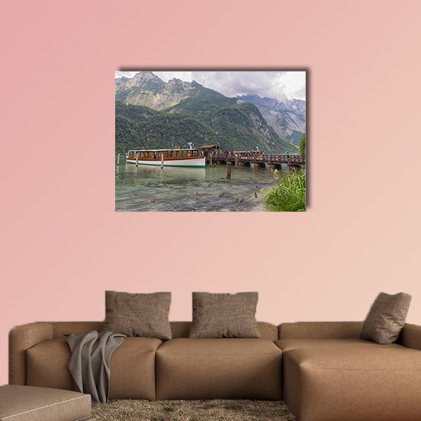 People on pier leaving launch ship at Konigssee for a walk wall art