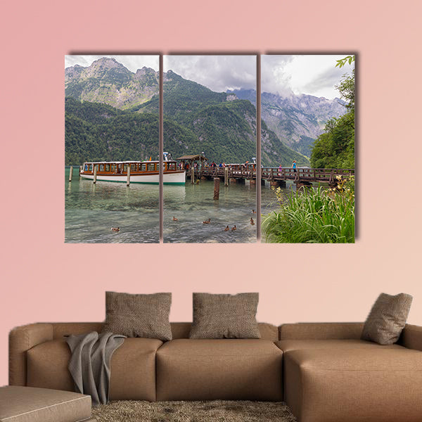 People on pier leaving launch ship at Konigssee for a walk wall art