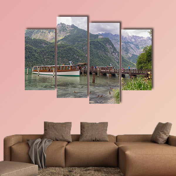 People on pier leaving launch ship at Konigssee for a walk wall art