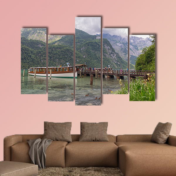 People on pier leaving launch ship at Konigssee for a walk wall art