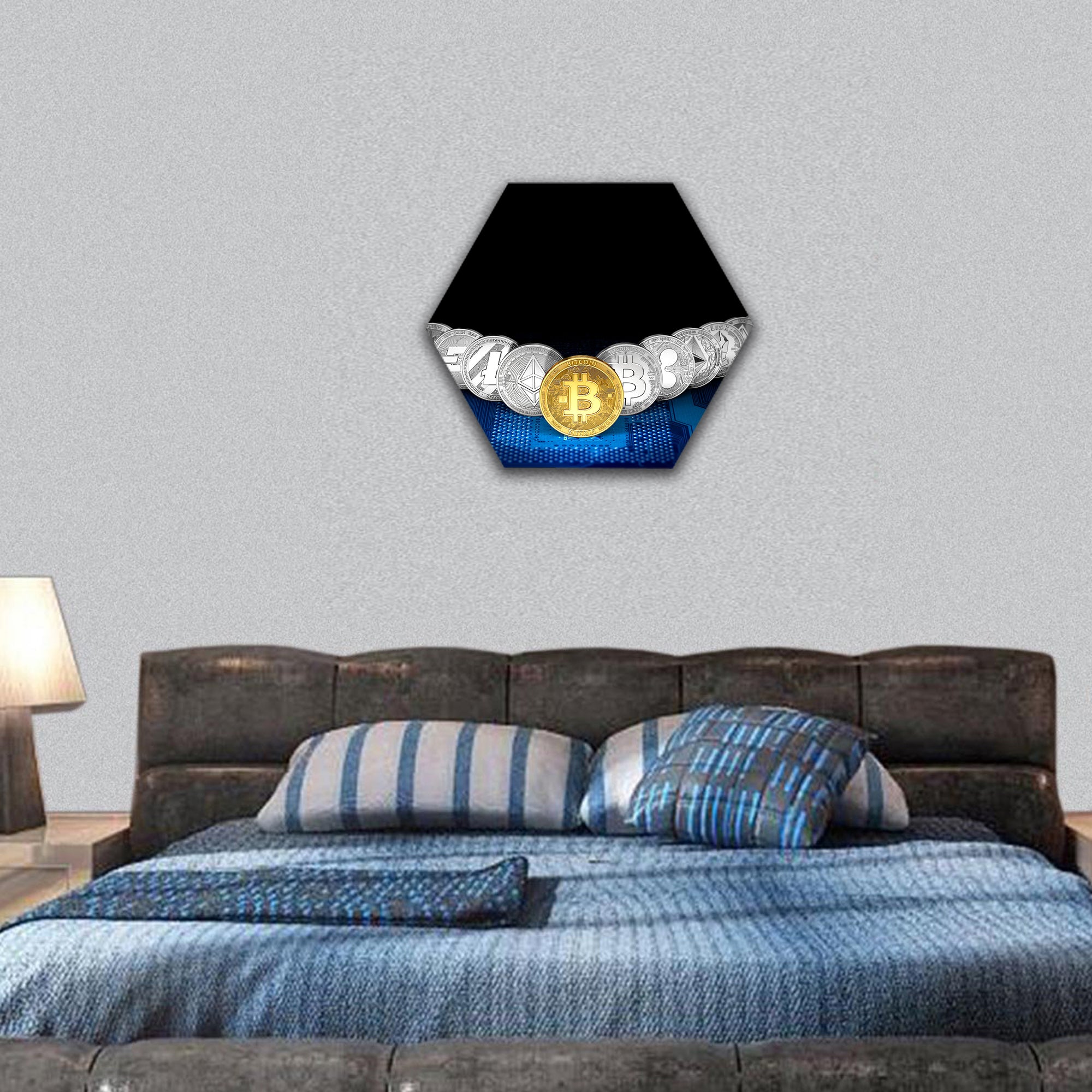 cryptocurrencies standing on blue motherboard hexagonal canvas wall art