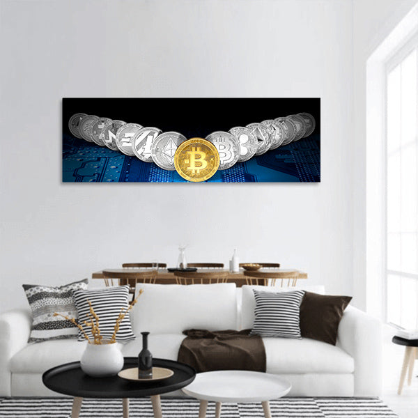 Golden Bitcoin panoramic canvas wall art